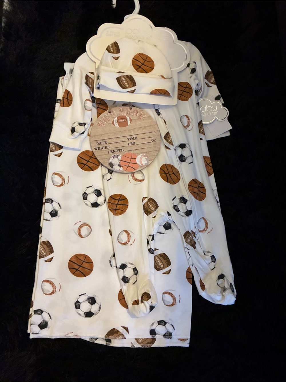 Baby Essentials White Sports Print Footie with Matching Hat